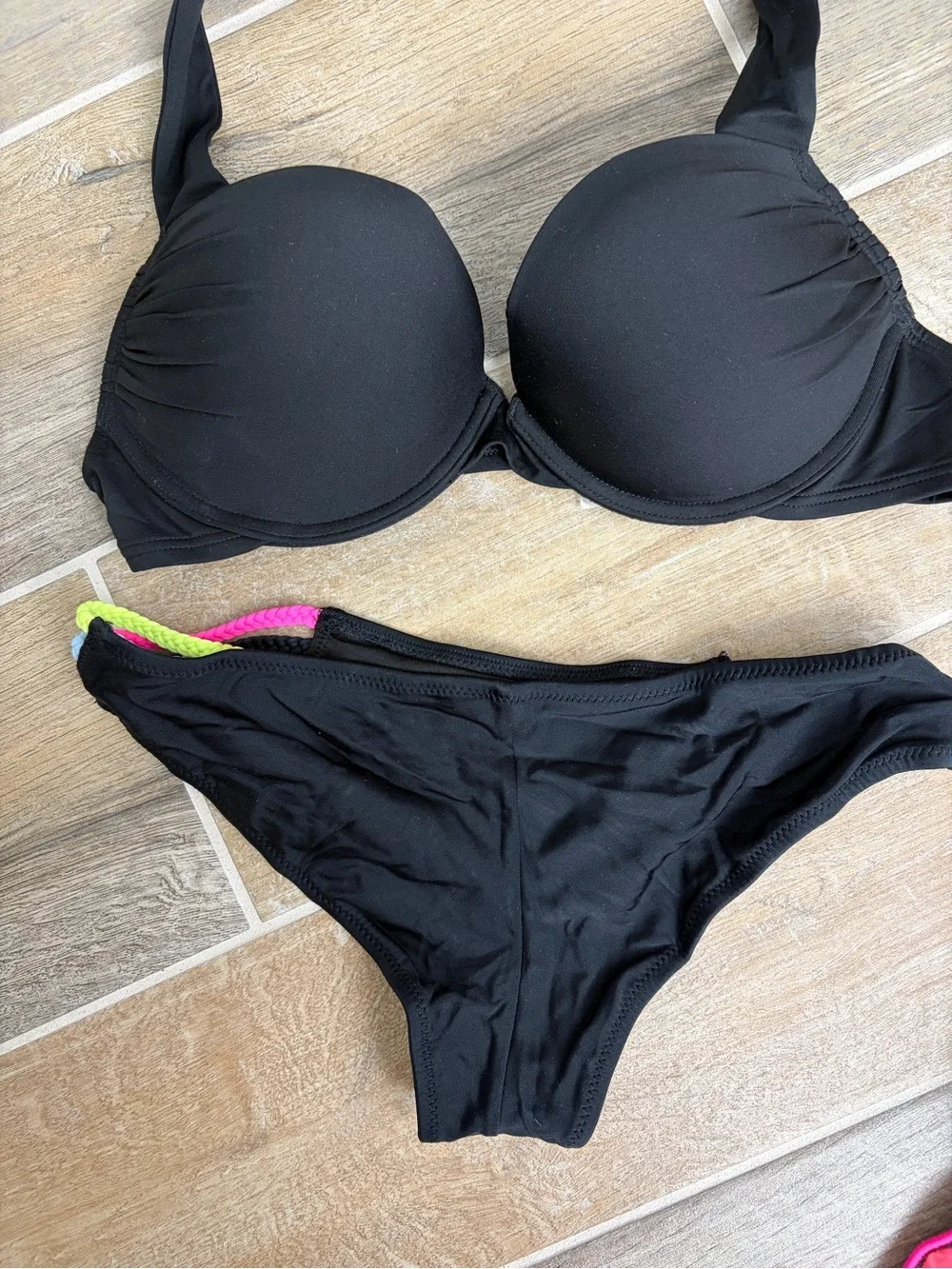 Victoria's Secret Black Bikini Top with 2 Black & Neon-Striped Bottoms